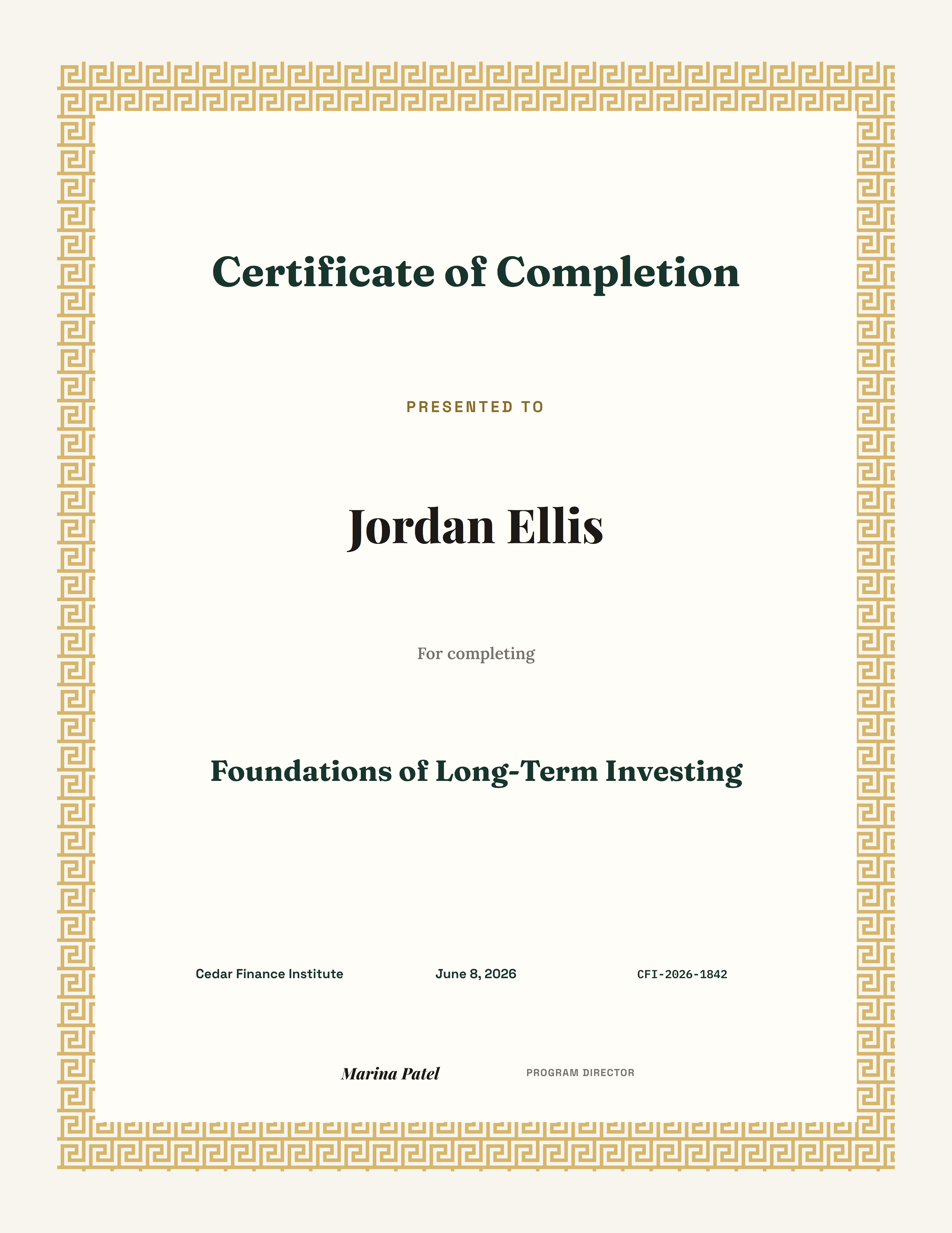 Investment Workshop Certificate preview