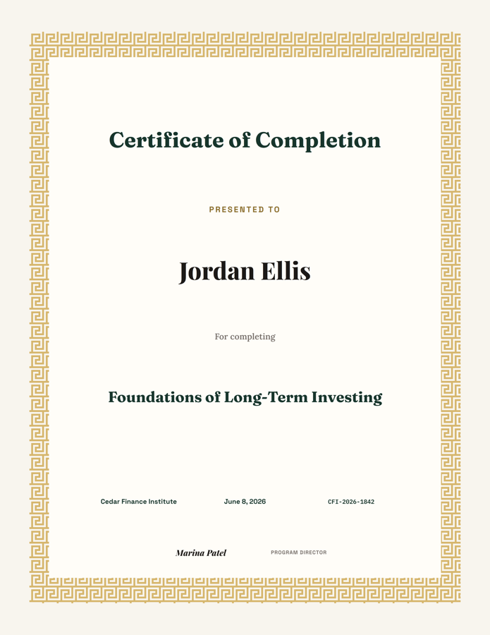 Template example image for Investment Workshop Certificate
