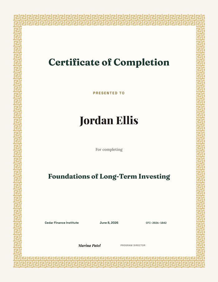 Template example image for Investment Workshop Certificate