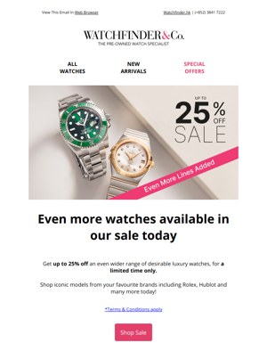 Just Landed! Even MORE Watches With Up To 25% OFF