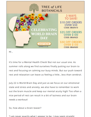 Celebrating World Brain Day! Save $50 Off Your Next Order!