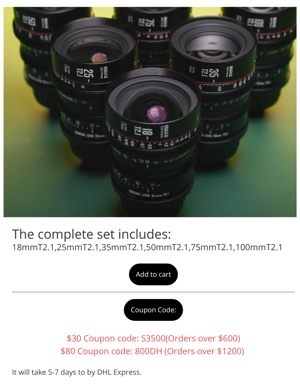 Special Coupon For S35 Cine Lens Set : 18mm-100mm T2.1 S35 Lenses