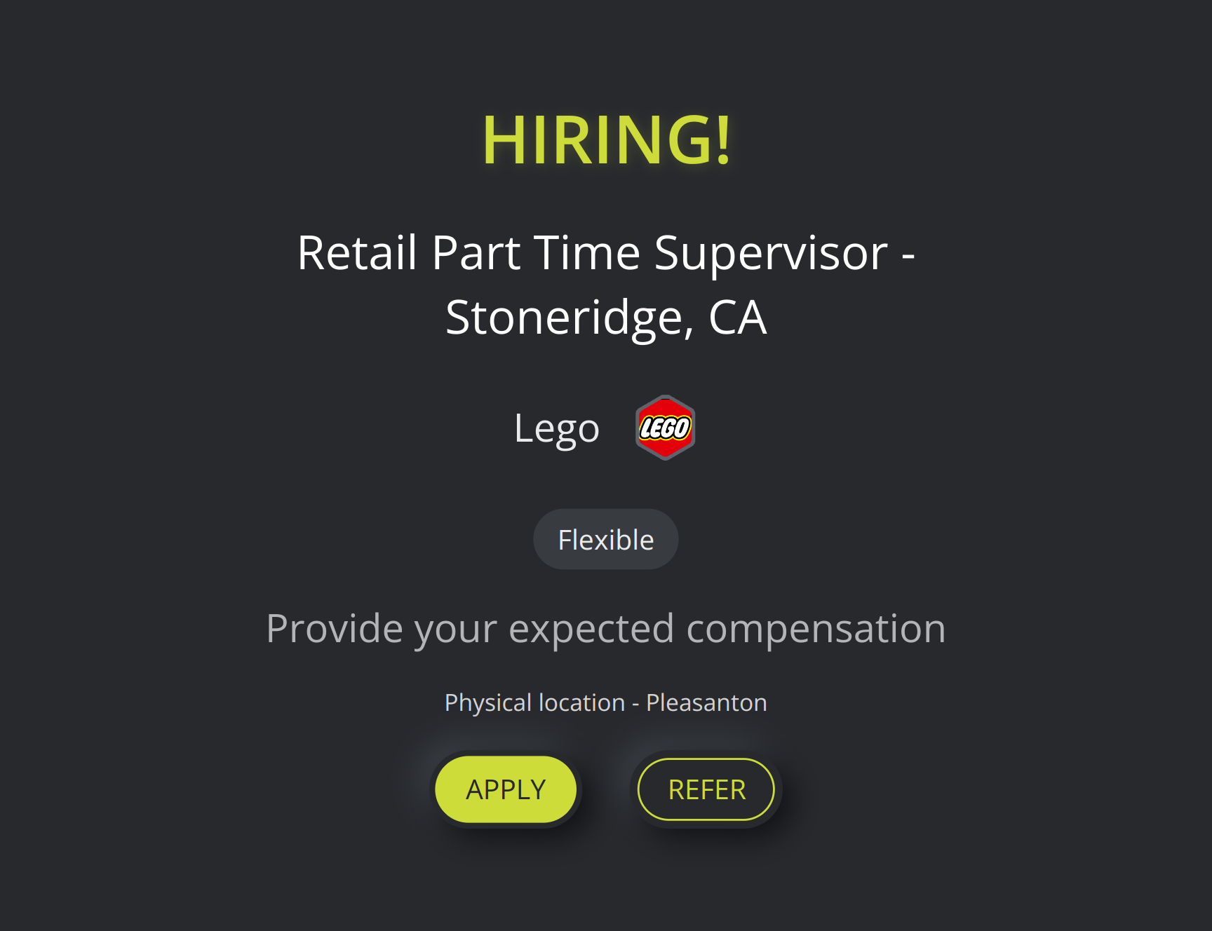 Retail Part Time Supervisor Stoneridge CA at Lego Torre