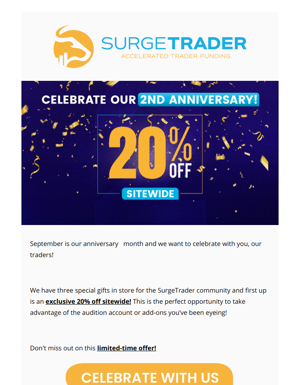 It’s Our ANNIVERSARY🚀 2 Years Of SurgeTrader – Take 20% Off Sitewide
