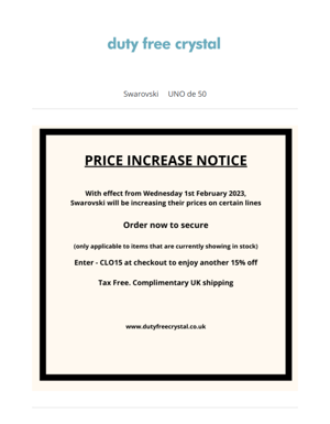 Swarovski Price Increase Tomorrow (1st February)...... Order Now To Secure The Price At It's Current Level  | Duty Free Crystal