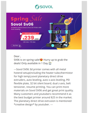 Save $60 For Sovol SV06 On Spring Sale!🍀1 DAY Left Only!