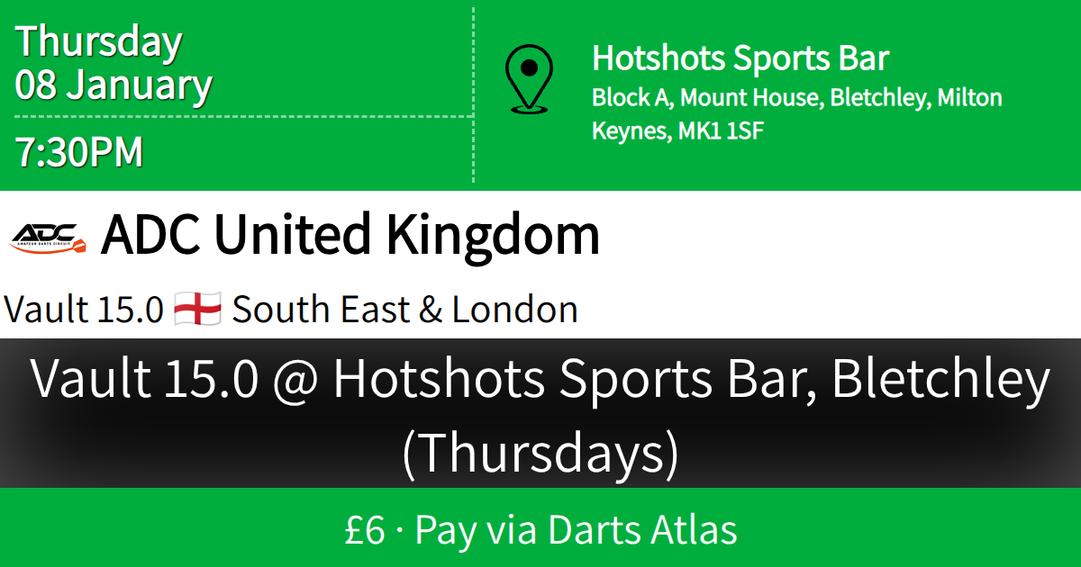 Vault 15 0 Hotshots Sports Bar Bletchley (Thursdays)