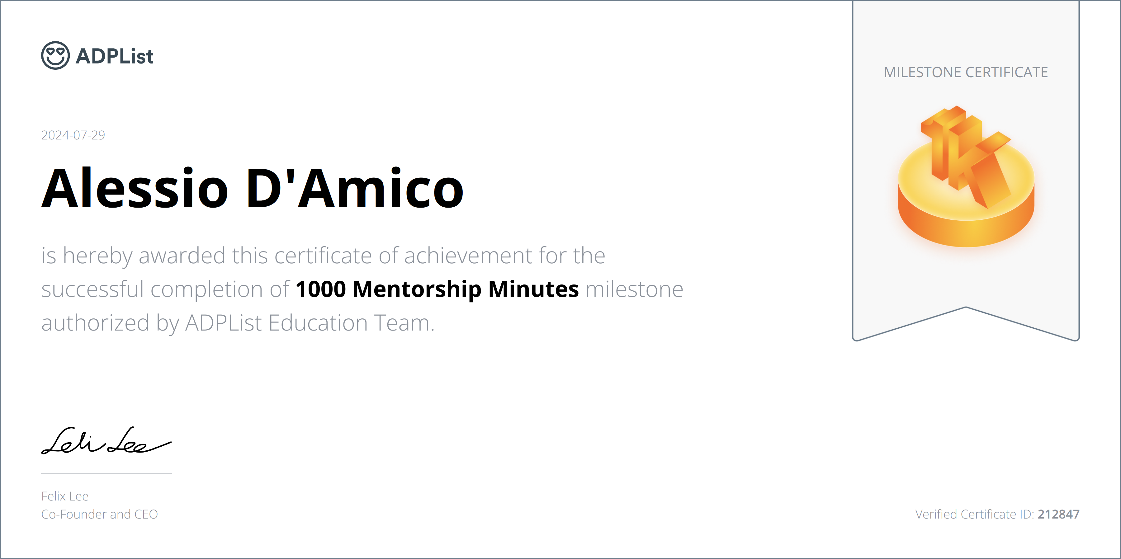 image of certificate - 1000 minutes of mentorship