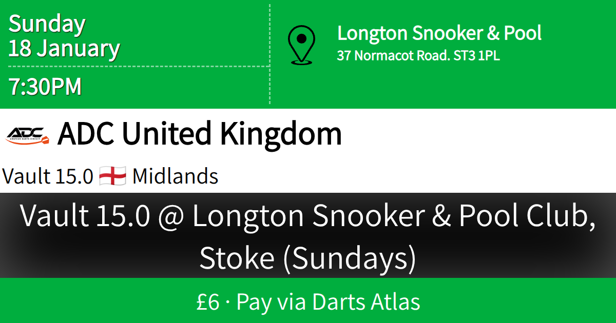 Vault 15.0 @ Longton Snooker & Pool Club, Stoke (Sundays)