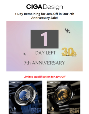 Final Countdown: CIGA Design 7th Anniversary 30% Off Offer Ends Today