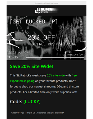 🍀 Get Lucked Up: 20% Off + Rush Shipping 🍀