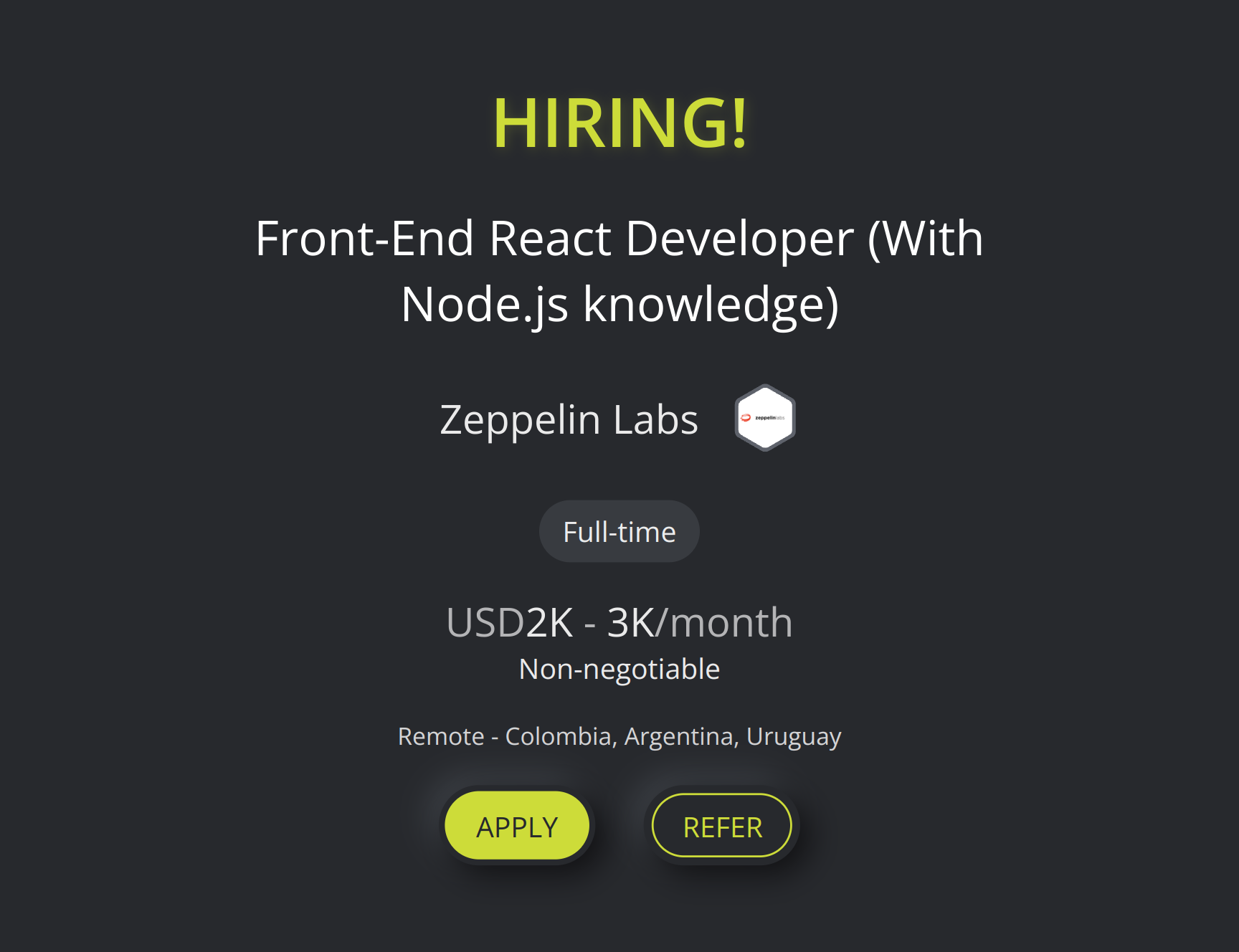FrontEnd React Developer (With Node.js knowledge) at Zeppelin Labs Torre