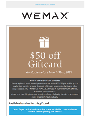 $50 OFF Giftcard, Can Be Combined With Any Codes