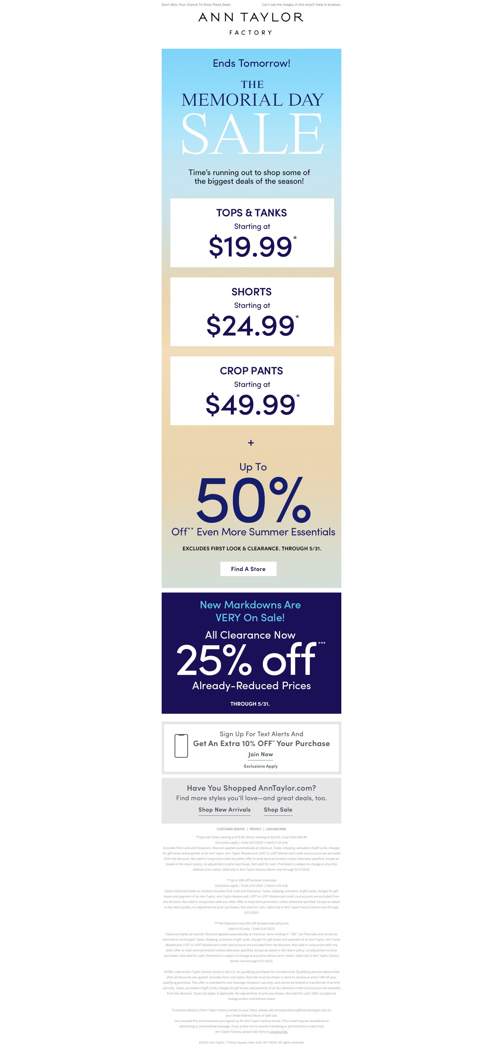 Our Memorial Day Sale Ends Tomorrow - Ann Taylor Factory Newsletter