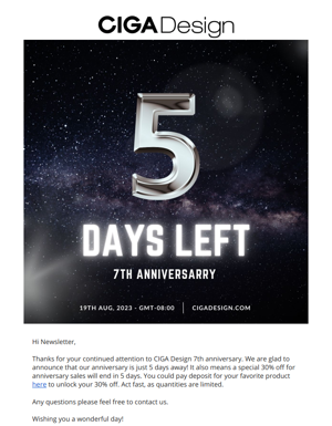 5-Day Countdown To CIGA Design 7th Anniversary & Unlock 30% Off Now