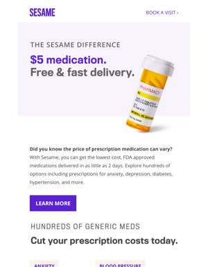 $5 Medications. Free Delivery. No Brainer.