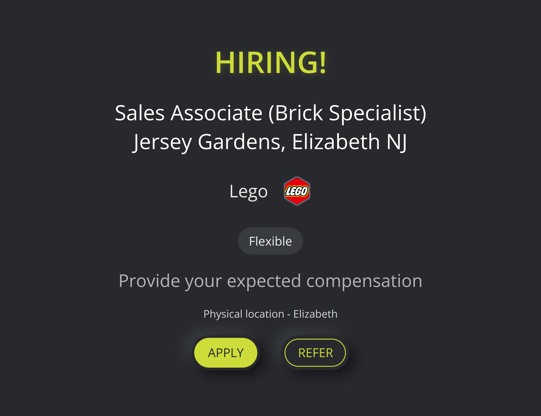 Sales Associate Brick Specialist Jersey Gardens Elizabeth NJ at Lego Torre