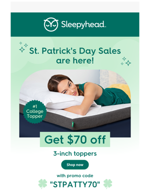 🍀 Get Lucky With $70 Off For St. Patrick's Day!