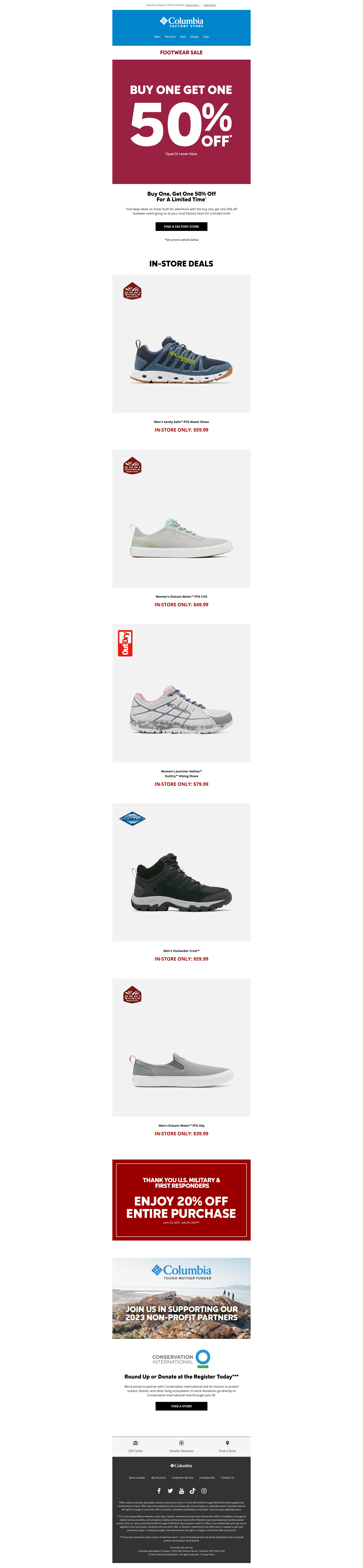 Factory Stores: Buy one, get one 50% OFF footwear event! - Columbia Factory Stores Newsletter