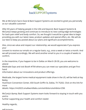 Greetings From McCarty’s Sacro Ease & Back Support Systems!