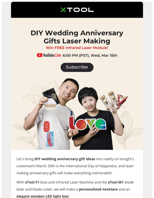 ⏰ Livestream Tonight: DIY Wedding Anniversary Gift With XTool