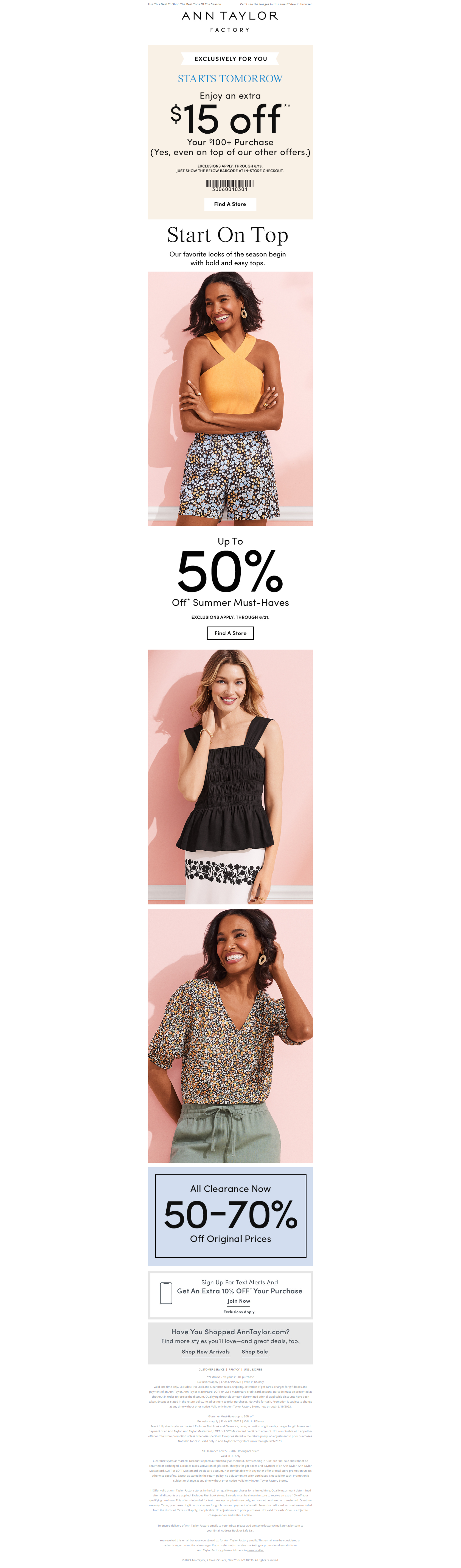 Up To 50% Off Summer Must-Haves + Extra $15 Off - Ann Taylor Factory Newsletter