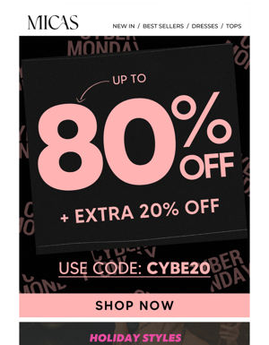 UP TO 80% OFF + EXTRA 20% OFF