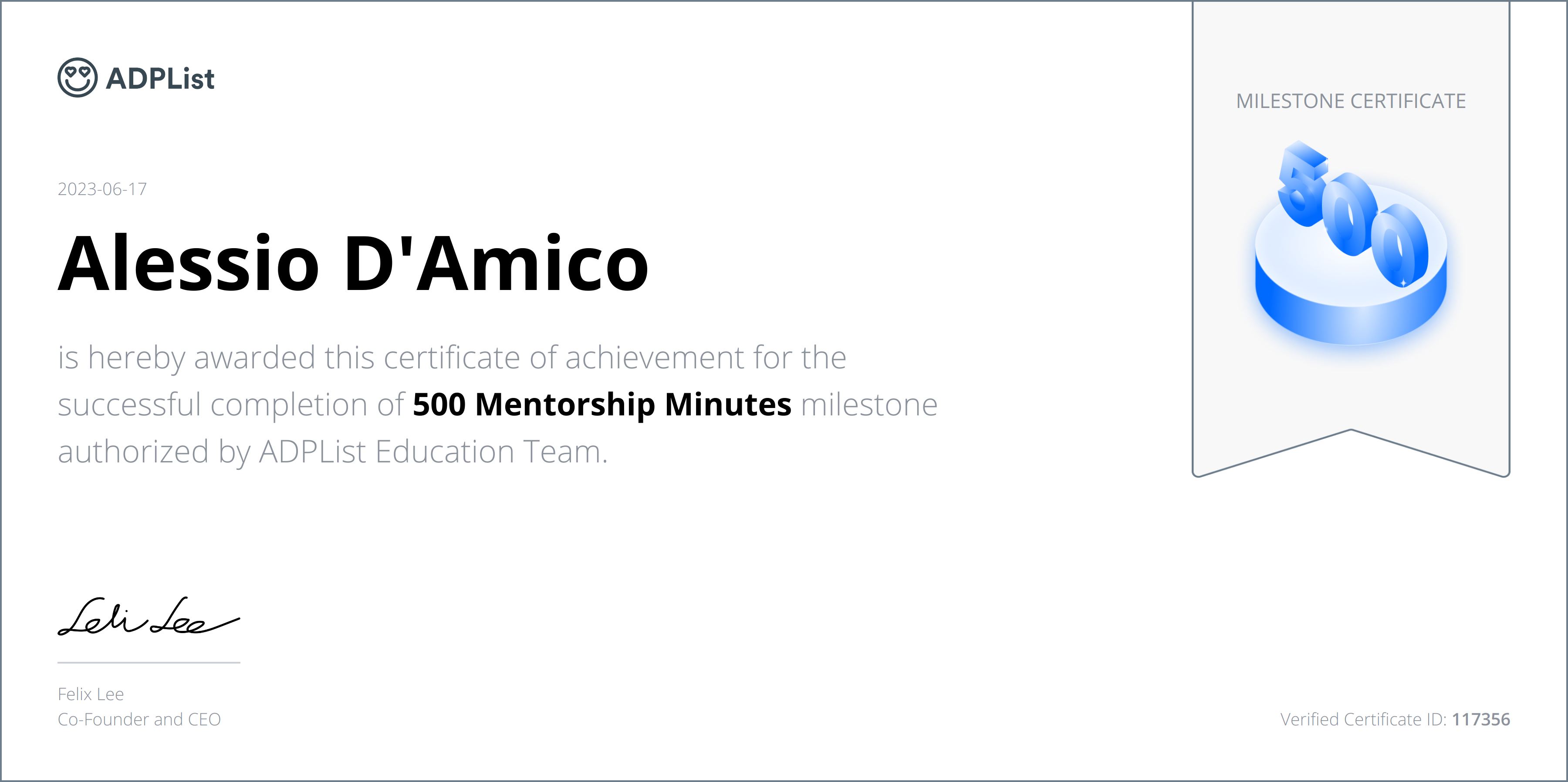 image of certificate 500 minutes of mentorship